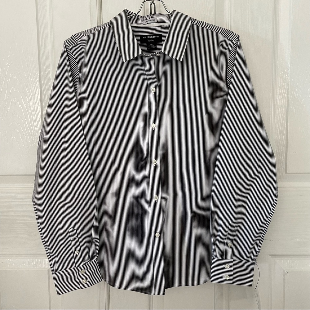 𝅺liz Claiborne Career Wrinkle Free L/S Blouse Black  White Stripe Petite XL NWT